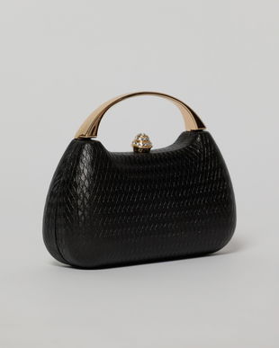 Clutch elegant negru cu maner auriu si design structurat