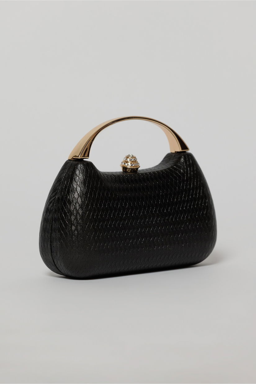 Clutch elegant negru cu maner auriu si design structurat
