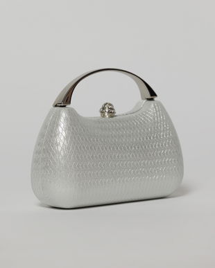 Clutch argintiu elegant cu maner auriu si design structurat