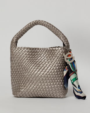 Geanta bronz sidefat din piele ecologica impletita accesorizata cu esarfa