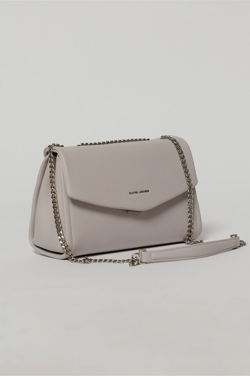 Geanta eleganta lila cu design structurat si lant argintiu