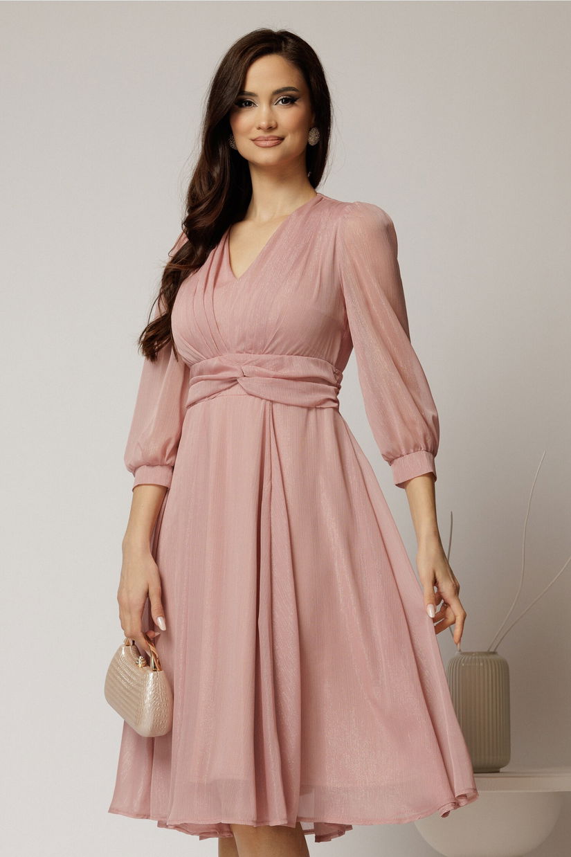 Rochie Gina midi roz din voal cu fir lurex in clos