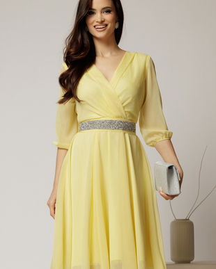 Rochie Dy Fashion galbena din voal cu fir stralucitor si cordon
