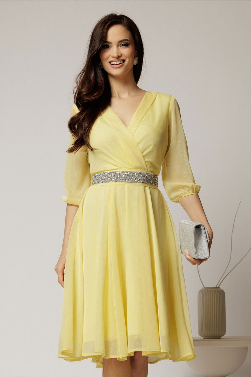 Rochie Dy Fashion galbena din voal cu fir stralucitor si cordon