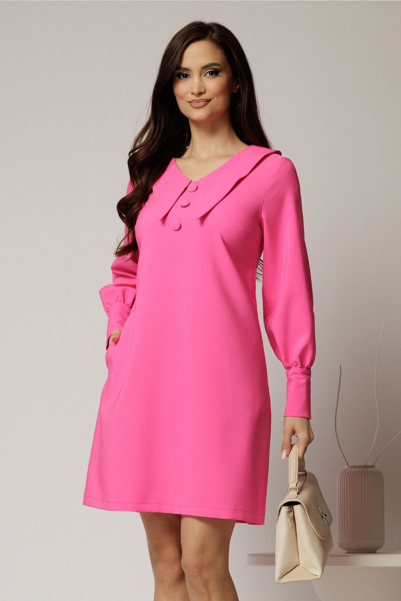Rochie DY Fashion fucsia scurta cu croi cambrat si guler in colturi