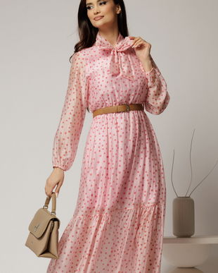 Rochie midi roz din tencel cu buline si funda la decolteu