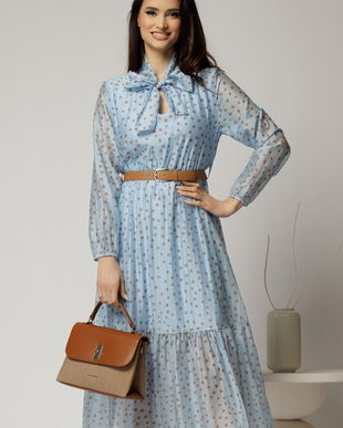 Rochie midi bleu din tencel cu buline si funda la decolteu