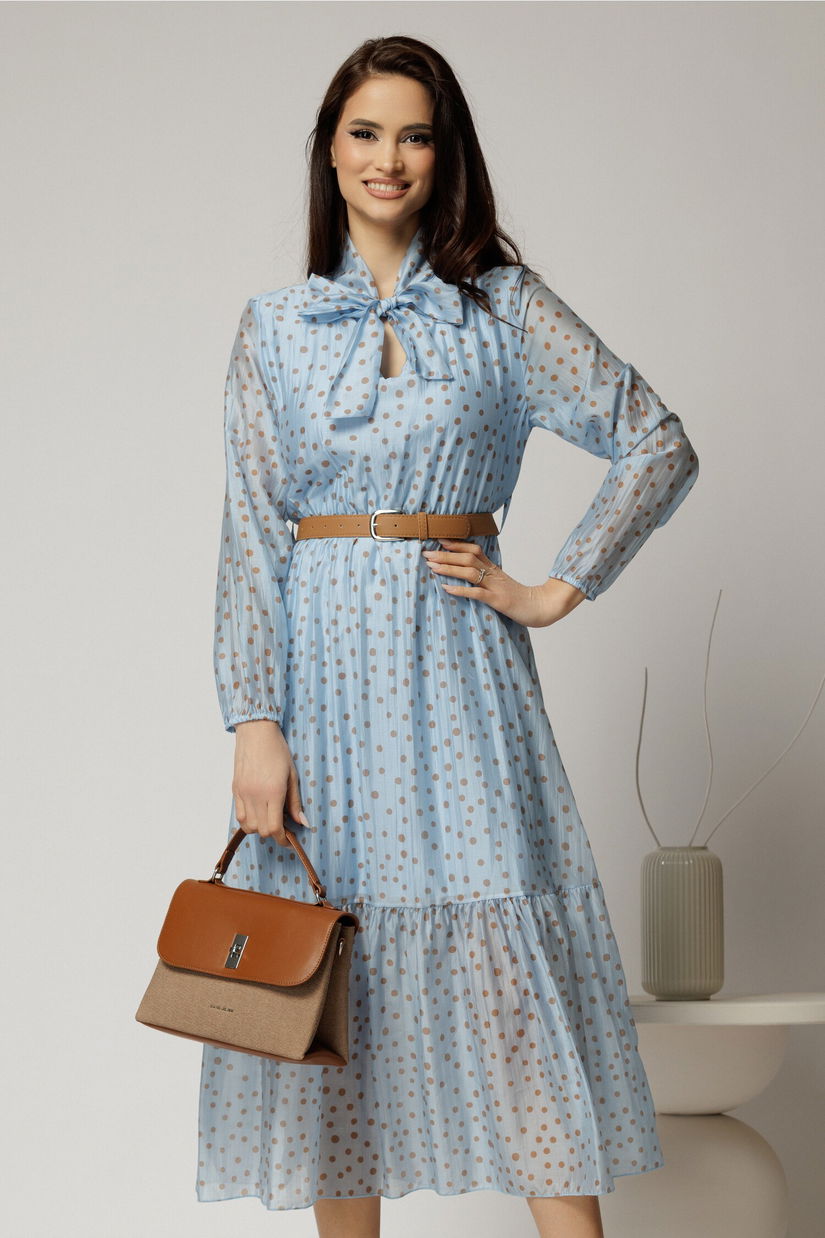 Rochie midi bleu din tencel cu buline si funda la decolteu