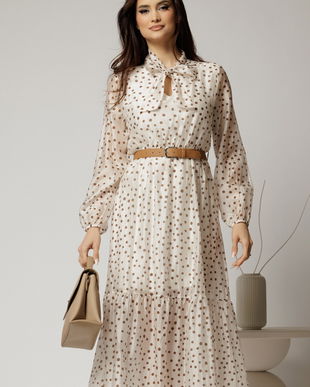 Rochie midi ivoar din tencel cu buline si funda la decolteu