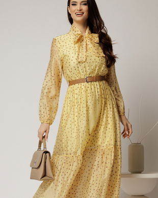 Rochie midi galbena din tencel cu buline si funda la decolteu