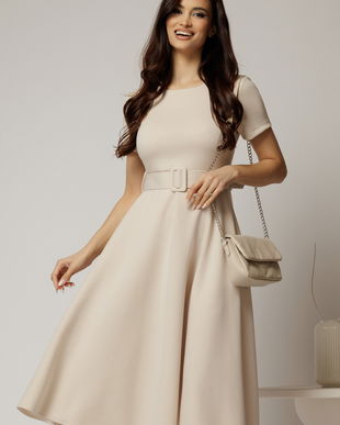 Rochie midi bej cu maneca scurta si curea in talie cu adaos de viscoza
