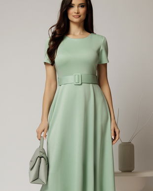 Rochie midi verde mint cu maneca scurta si curea in talie cu adaos de viscoza