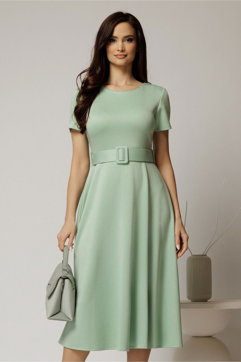 Rochie midi verde mint cu maneca scurta si curea in talie cu adaos de viscoza