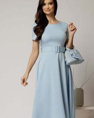 Rochie midi bleu cu maneca scurta si curea in talie cu adaos de viscoza