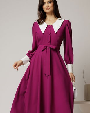 Rochie DY Fashion midi magenta cu guler si mansete in contrast
