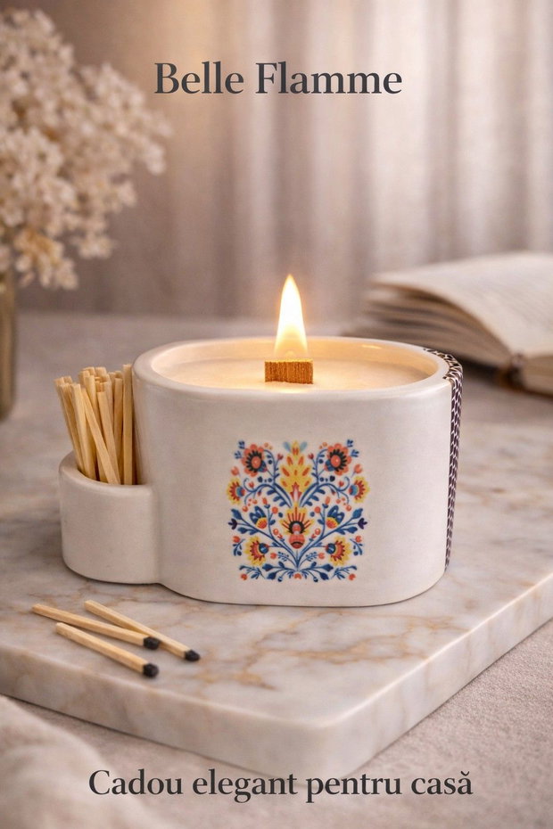 Lumânare premium Belle Flamme în recipient ceramic handmade cu fitil din bambus, lumânare parfumată cadou elegant, realizată manual în România