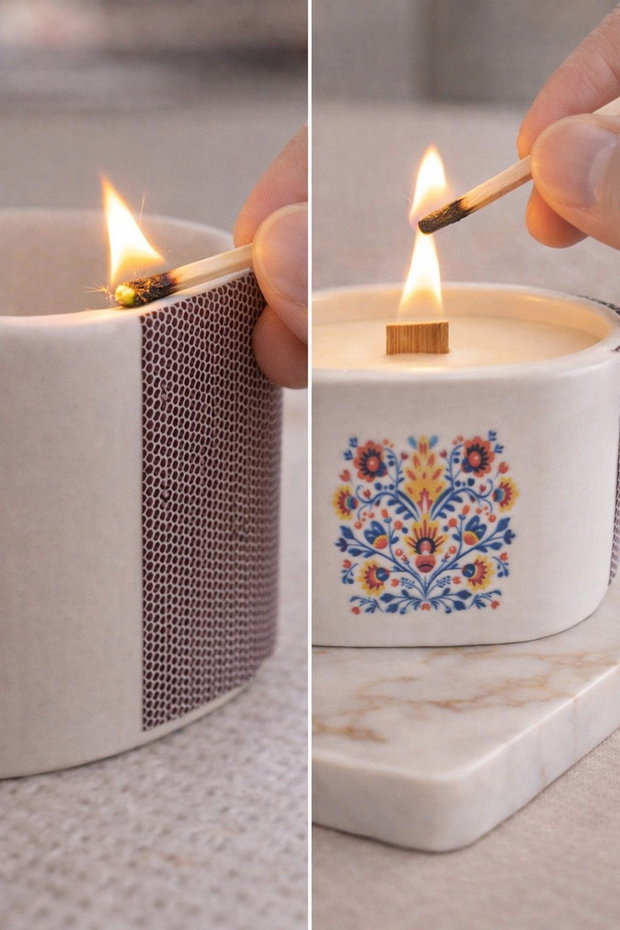 Lumânare premium Belle Flamme în recipient ceramic handmade cu fitil din bambus, lumânare parfumată cadou elegant, realizată manual în România