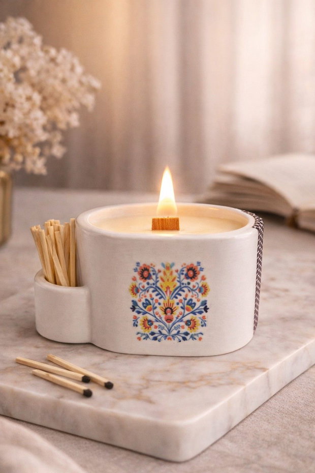 Lumânare premium Belle Flamme în recipient ceramic handmade cu fitil din bambus, lumânare parfumată cadou elegant, realizată manual în România