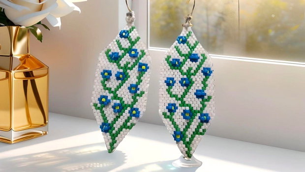 Cercei handmade cu flori Nu-mă-uita broderie 3D din mărgele Miyuki Delica