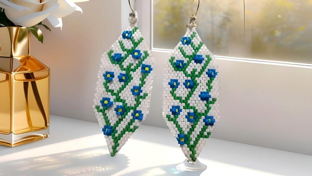 Cercei handmade cu flori Nu-mă-uita broderie 3D din mărgele Miyuki Delica