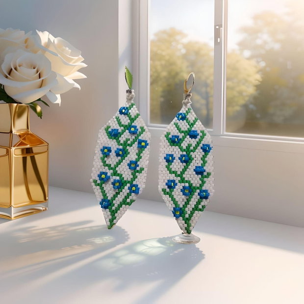 Cercei handmade cu flori Nu-mă-uita broderie 3D din mărgele Miyuki Delica
