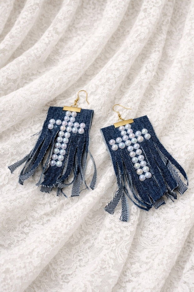 Cercei lungi material de blugi (denim) cu perlute artificiale din colectia Denim Soul 01893