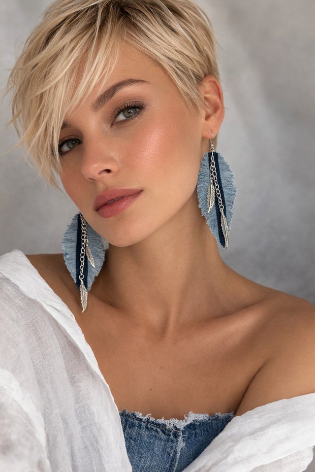 Cercei lucrati manual ,franjurati material de blugi (denim) din colectia Denim Soul 01894