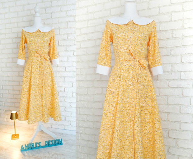 Rochie Camasa Galbena cu Margarete si Guler Mare Rotund