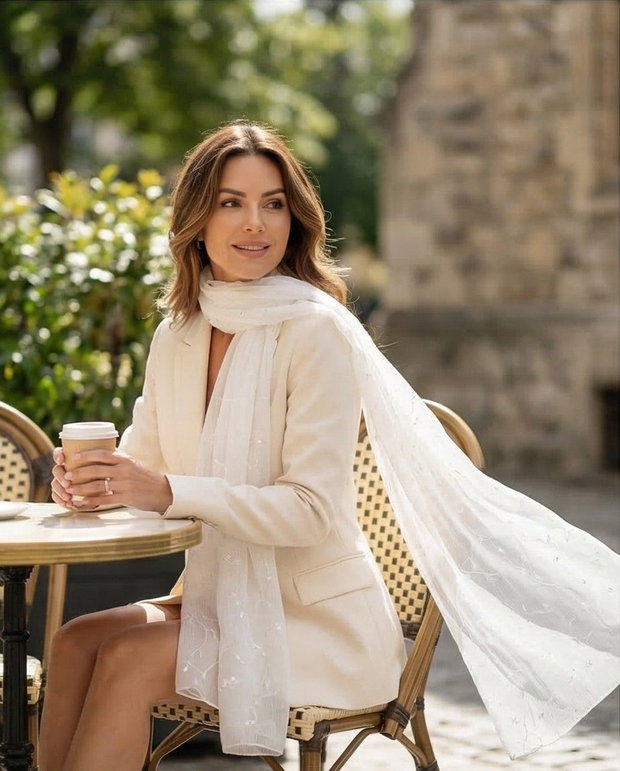 Eșarfă albă cu broderie -  BIANCA