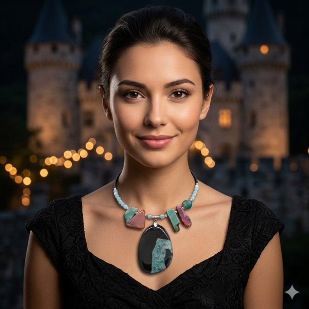 Colier statement - agat, angelit și amazonit bijuterie handmade cu pietre naturale (cod1355)