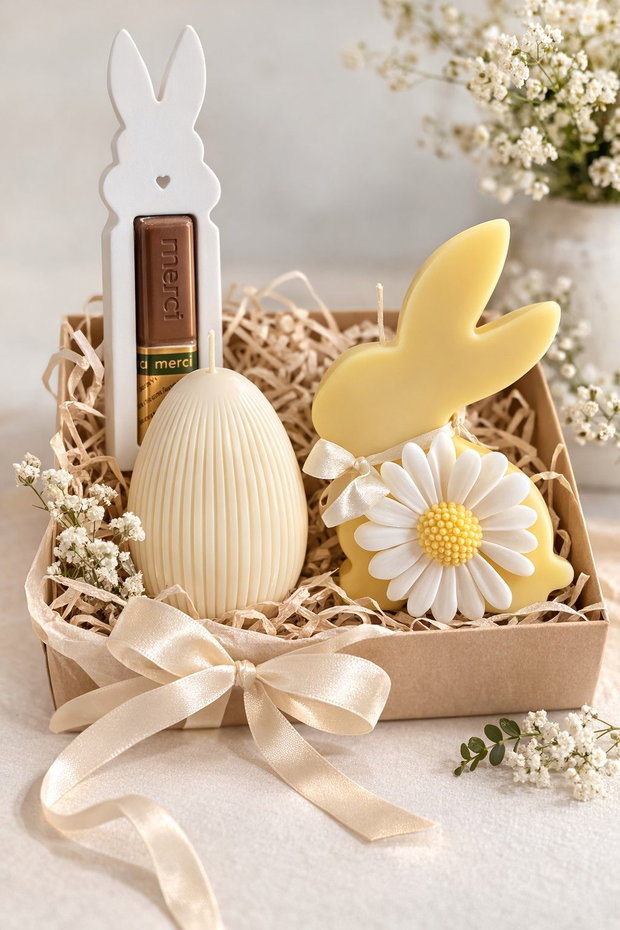 Cadoul Iepurașului - Set Cadou Handmade Gata De Oferit de Paște cu Lumânări din Ceară de Soia și Suport Iepuraș pentru Mini Ciocolată