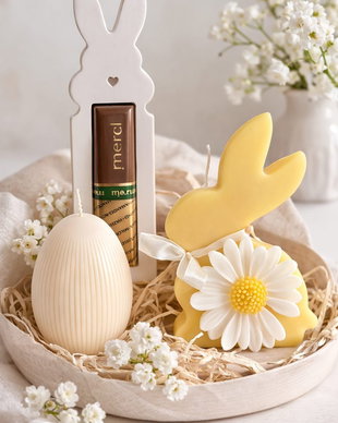Cadoul Iepurașului - Set Cadou Handmade Gata De Oferit de Paște cu Lumânări din Ceară de Soia și Suport Iepuraș pentru Mini Ciocolată