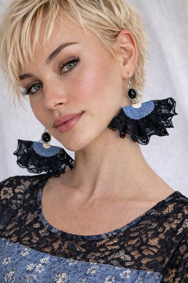 Cercei din material de blugi (denim) si dantela- din colectia Denim Soul 01896