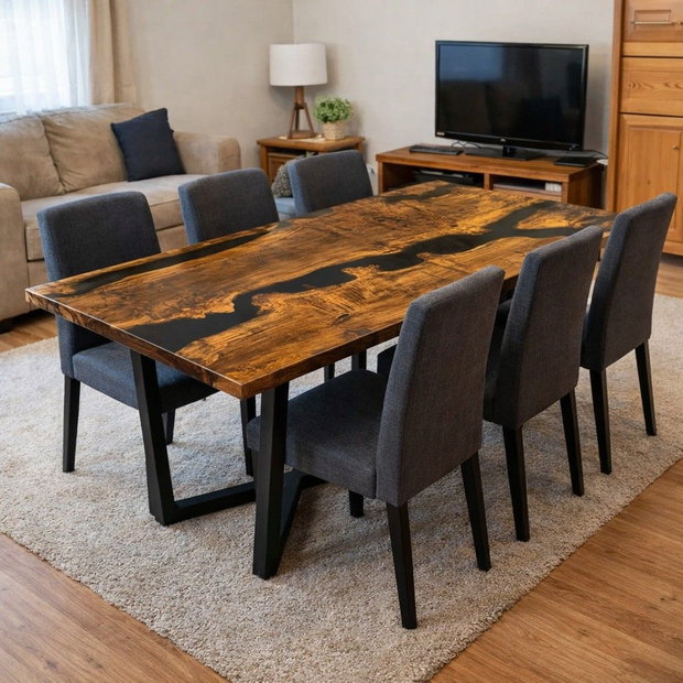 Masă lemn masiv stejar cu rășină epoxidică River Table - dining 180x80 cm - ATP Wood