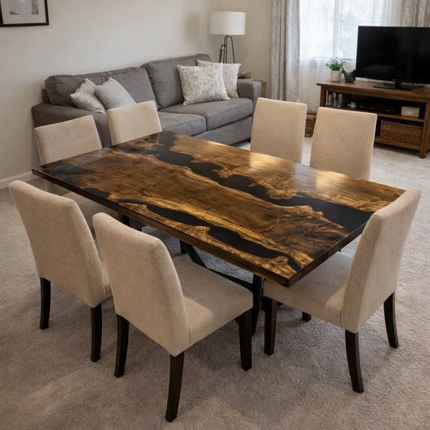Masă lemn masiv stejar cu rășină epoxidică River Table - dining 180x80 cm - ATP Wood