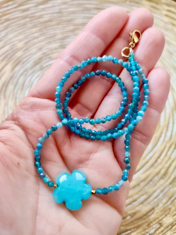 Colier CHOKER apatit & floare jad bleu turcoaz