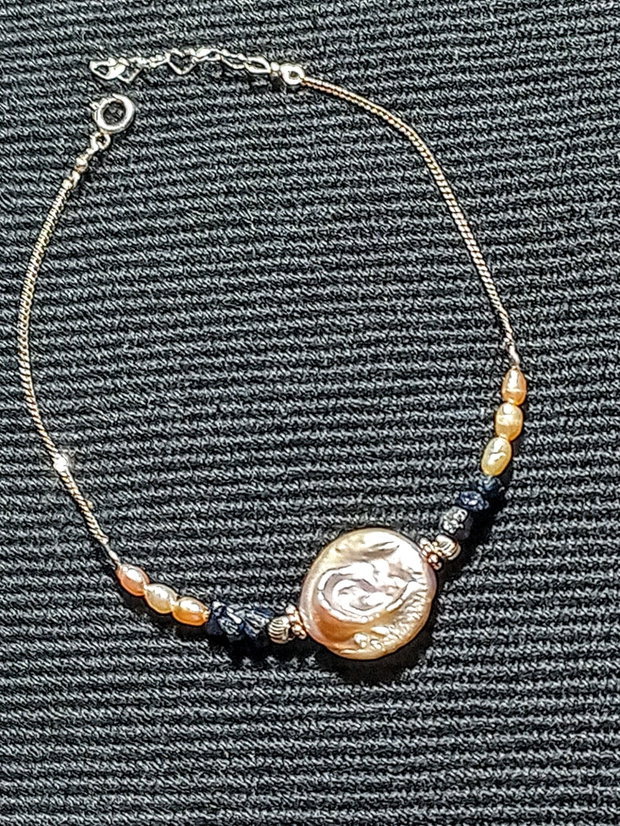 Bratara argint safir brut albastru perle naturale de cultura baroc somon lant argint minimalista boho chic trendy