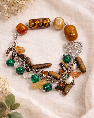BRĂȚARĂ AMBER HARMONY-ochi de tigru,malachit de sinteză,perle cultură,inox,lampwork