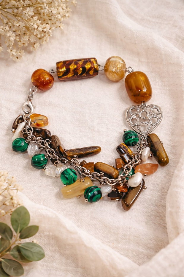 BRĂȚARĂ AMBER HARMONY-ochi de tigru,malachit de sinteză,perle cultură,inox,lampwork