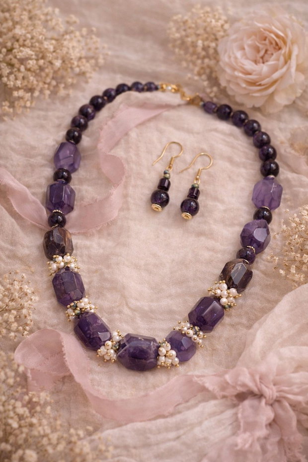 SET~AMETHYST ROMANCE ~ametist,perle cultură,cristale,inox aurit