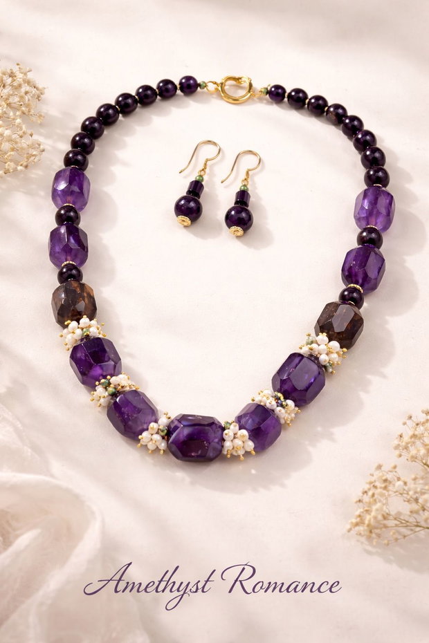 SET~AMETHYST ROMANCE ~ametist,perle cultură,cristale,inox aurit