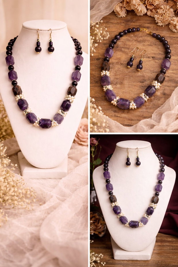 SET~AMETHYST ROMANCE ~ametist,perle cultură,cristale,inox aurit