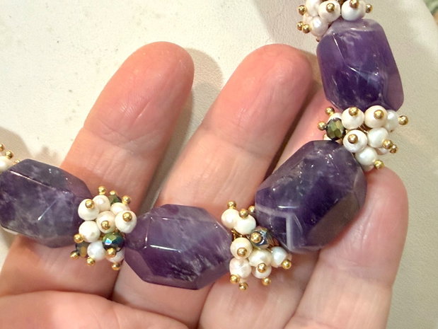 SET~AMETHYST ROMANCE ~ametist,perle cultură,cristale,inox aurit