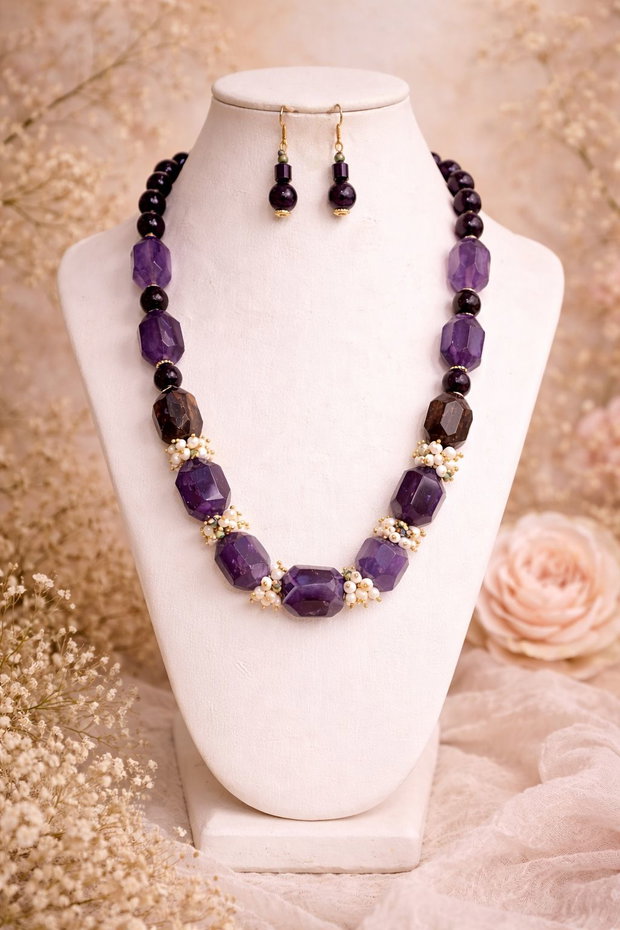 SET~AMETHYST ROMANCE ~ametist,perle cultură,cristale,inox aurit
