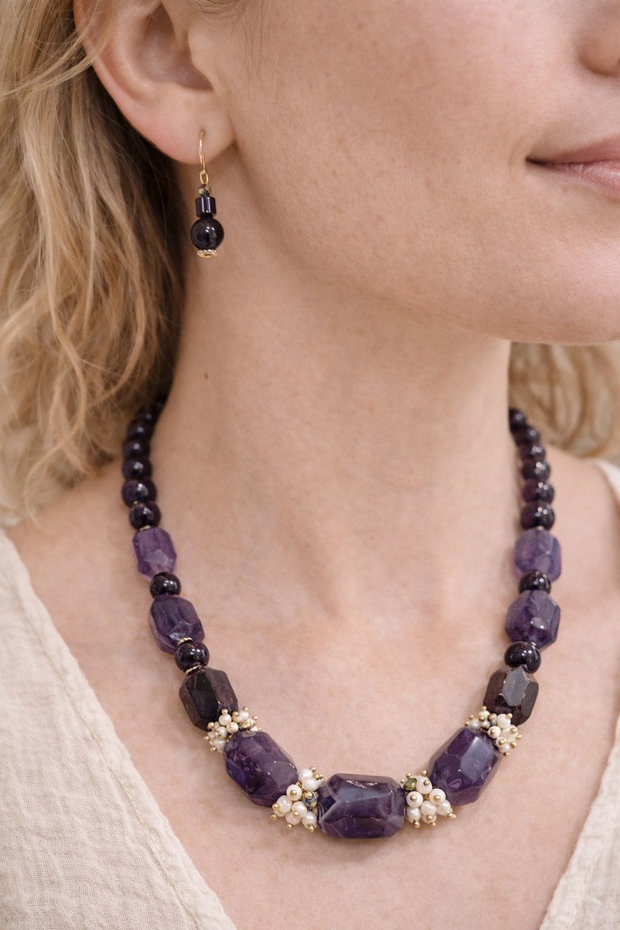 SET~AMETHYST ROMANCE ~ametist,perle cultură,cristale,inox aurit