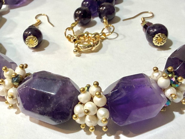 SET~AMETHYST ROMANCE ~ametist,perle cultură,cristale,inox aurit