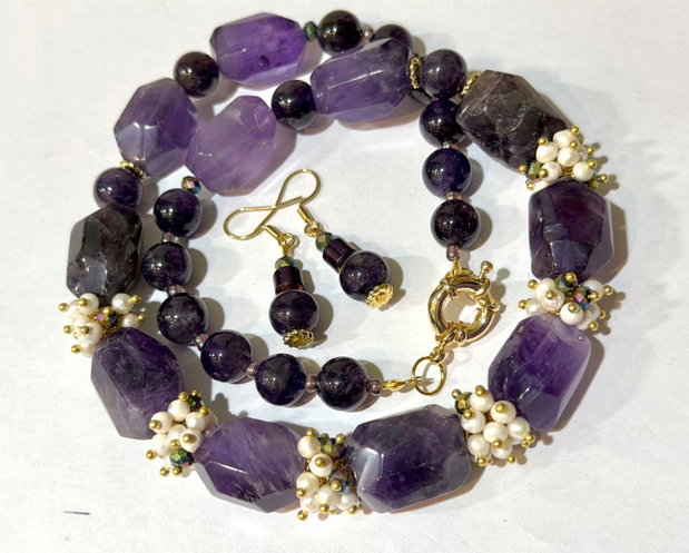 SET~AMETHYST ROMANCE ~ametist,perle cultură,cristale,inox aurit