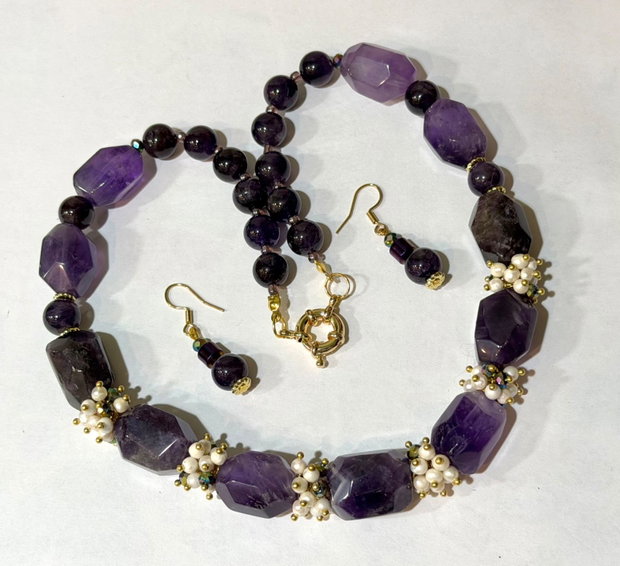 SET~AMETHYST ROMANCE ~ametist,perle cultură,cristale,inox aurit