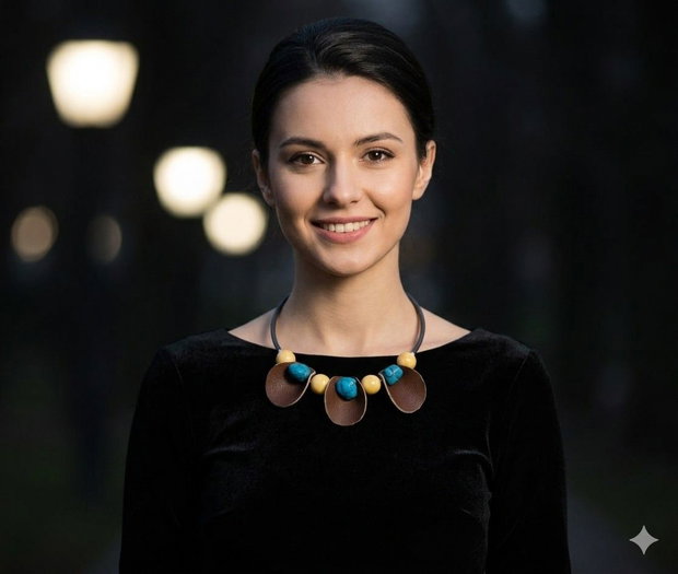 Colier statement handmade unicat- piele, lemn, howlite (cod1050)