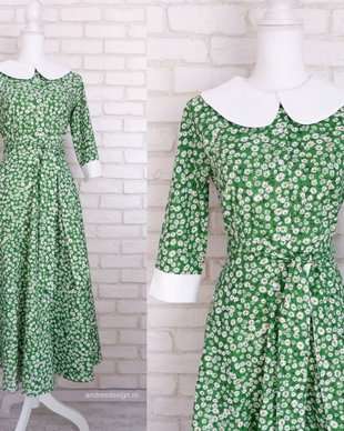 Rochie Camasa Verde cu Margarete si Guler Mare Rotund